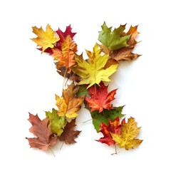 Alphabet of Nature: Letter X Composed of Fresh Multicolored Autumn Leaves on White Background