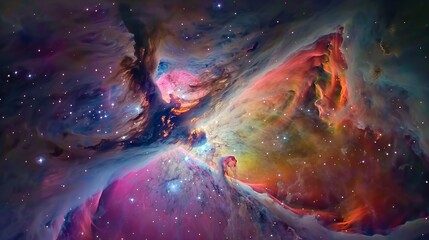 A breathtaking shot of the Orion Nebula showing colorful clouds of gas and dust, 