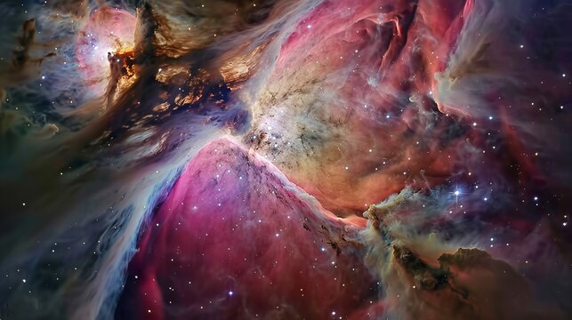 A breathtaking shot of the Orion Nebula showing colorful clouds of gas and dust, 