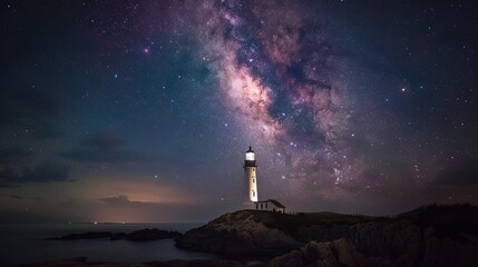 A stunning long-exposure shot of the night sky over a lighthouse on the coast, showcasing the...