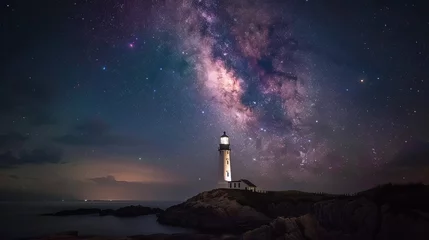 Poster A stunning long-exposure shot of the night sky over a lighthouse on the coast, showcasing the beauty of the cosmos © Sladjana