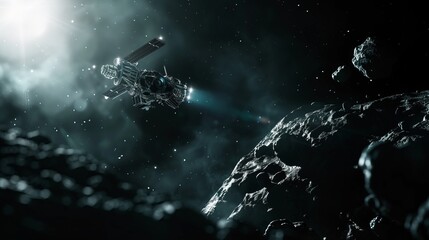 A surreal image of a space probe exploring a distant asteroid