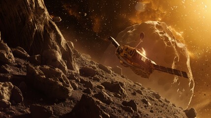 A surreal image of a space probe exploring a distant asteroid