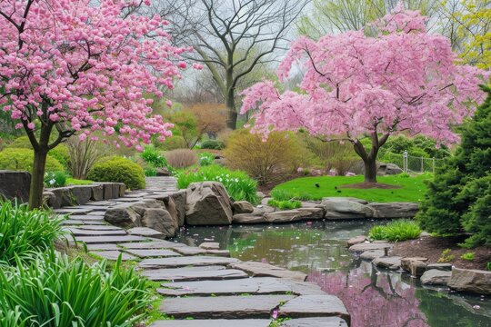 Peaceful Garden With Blooming Cherry Blossoms