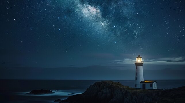 A stunning long-exposure shot of the night sky over a lighthouse on the coast, showcasing the beauty of the cosmos