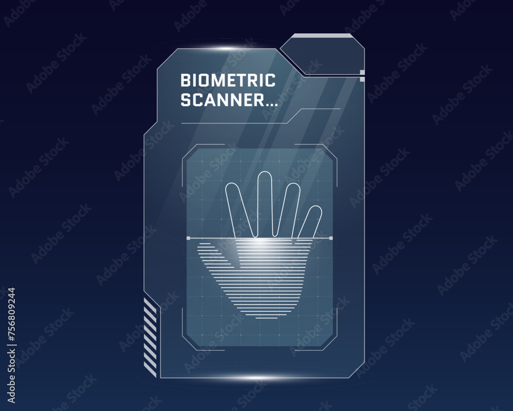 Poster hud digital futuristic user palm scan interface panel. high tech protection dashboard. gaming menu h