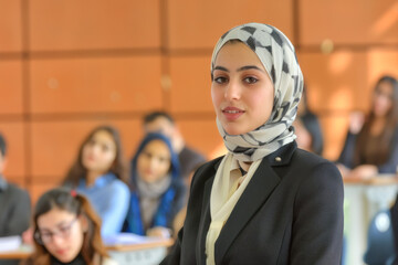 Confident Young Professional Woman with Headscarf Standing in a Seminar Room