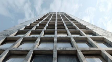 Modern Neo-Brutalist office tower with imposing concrete facade and efficient layouts