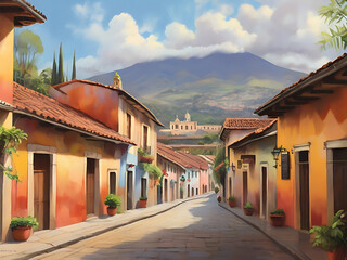 Golden Hour Watercolor Impressionist  art of Antigua Guatemala - obrazy, fototapety, plakaty