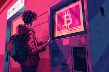  Curly-haired individual with backpack using a Bitcoin ATM on a vibrant urban street