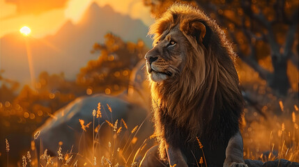 Lion at sunset. - obrazy, fototapety, plakaty