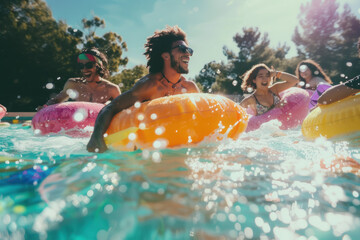  Joyful friends enjoying a summer day floating in a pool with bright orange inner tubes - obrazy, fototapety, plakaty