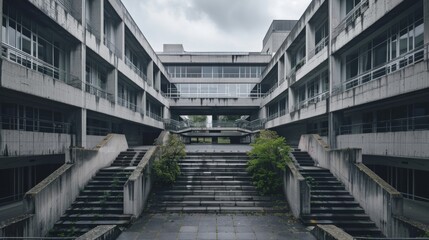 Neo-Brutalist government building with fortified facades and grand public atriums