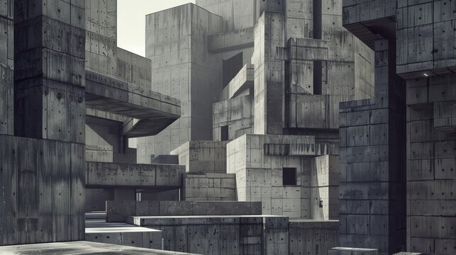 Neo-Brutalist cityscape with towering concrete structures and geometric forms