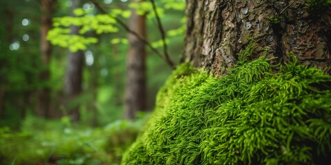 Lush green mossy forest with old tree log background for product display montages. Blurred green...