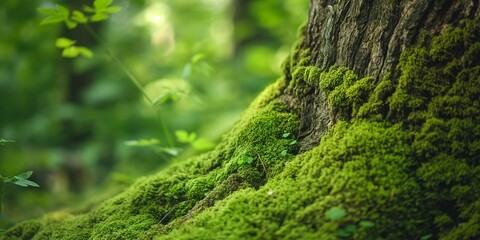 Lush green mossy forest with old tree log background for product display montages. Blurred green forest background in beautiful sunshine. - Powered by Adobe