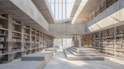 Neo-Brutalist public library with towering concrete shelves and minimalist interiors