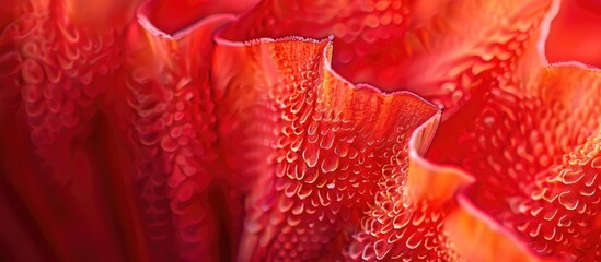 Closeup of the moist, magenta petals of a red flower. The flowering plant glistens with water droplets, showcasing its vibrant peach hue