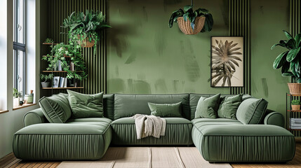 Cozy Living Room with Green Plants, Modern Sofa, and Wooden Furniture for a Stylish Interior