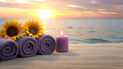 Beach Spa Concept at Sunset with Sunflowers, Purple Towels, and Candles
