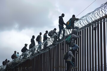 Unauthorized border crossing: migrants breach fence with barbed wire.