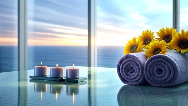 Seaside Spa Concept with Sunflowers, Candles, and Purple Towels.
