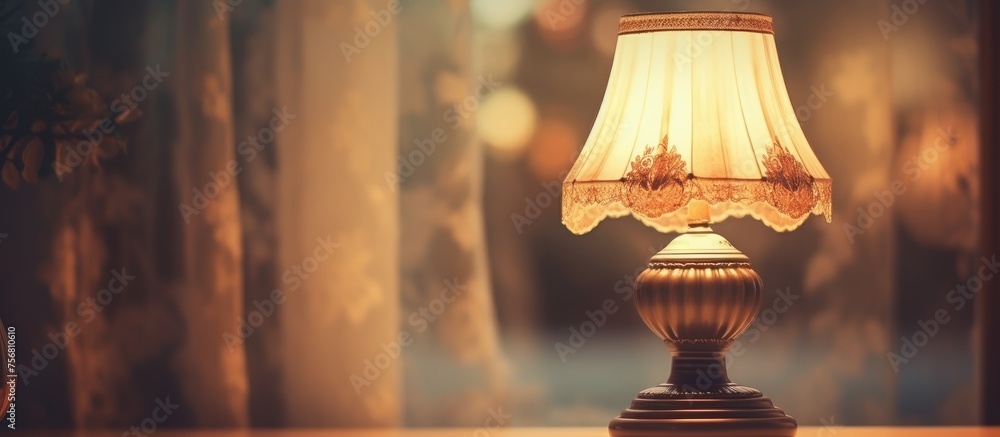 Poster an amber lamp with a wood base is positioned on a table in front of a window. the lampshade casts ti