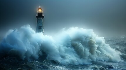 Waves crushing against a lighthouse in a stormy evening - obrazy, fototapety, plakaty