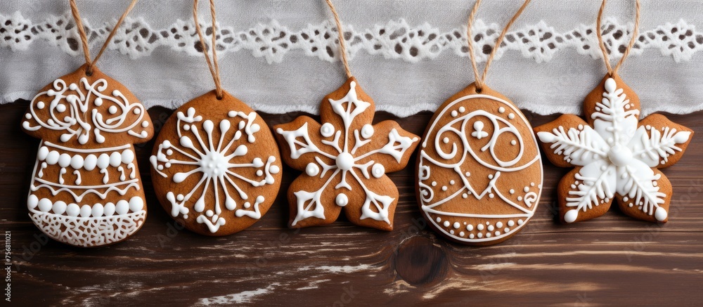 Poster a row of decorated gingerbread cookies hanging on a string on a wooden table . high quality