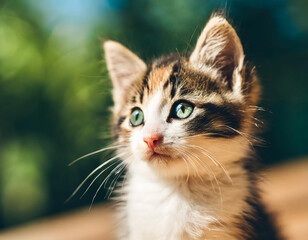 Obraz premium A close-up profile of a cute green-eyed kitten with a black nose and light cheeks sitting on top of a wooden floor under bright daylight.