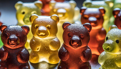 A close-up view of a vibrant assortment of gummy bears, showcasing their different colors and shapes. Some of the gummy candies resemble bears