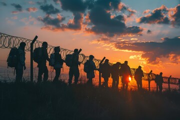 Sunset border silhouette: group of migrants walking along fence with barbed wire.