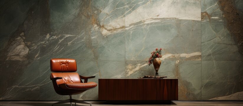 Interior with armchair and table against a marble wall