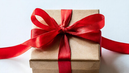 Gift box tied with red ribbon isolated on white background. image seen in the center and top.