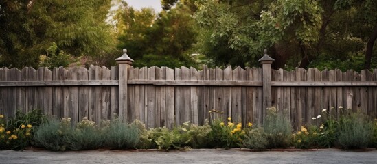 Naklejka premium A picket fence made of wood surrounds a yard filled with trees and bushes. The landscape is enhanced by the lush green grass and creates a peaceful home fencing