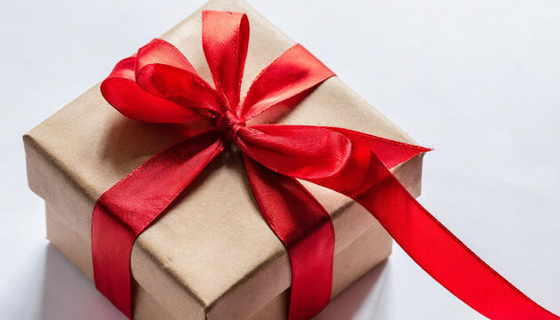 Gift box tied with red ribbon isolated on white background. image seen in the center and top.