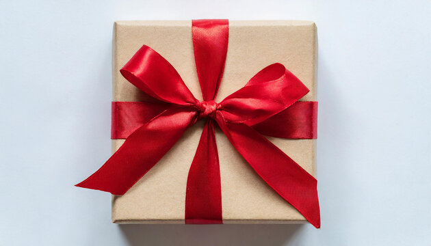 Gift box tied with red ribbon isolated on white background. image seen in the center and top.