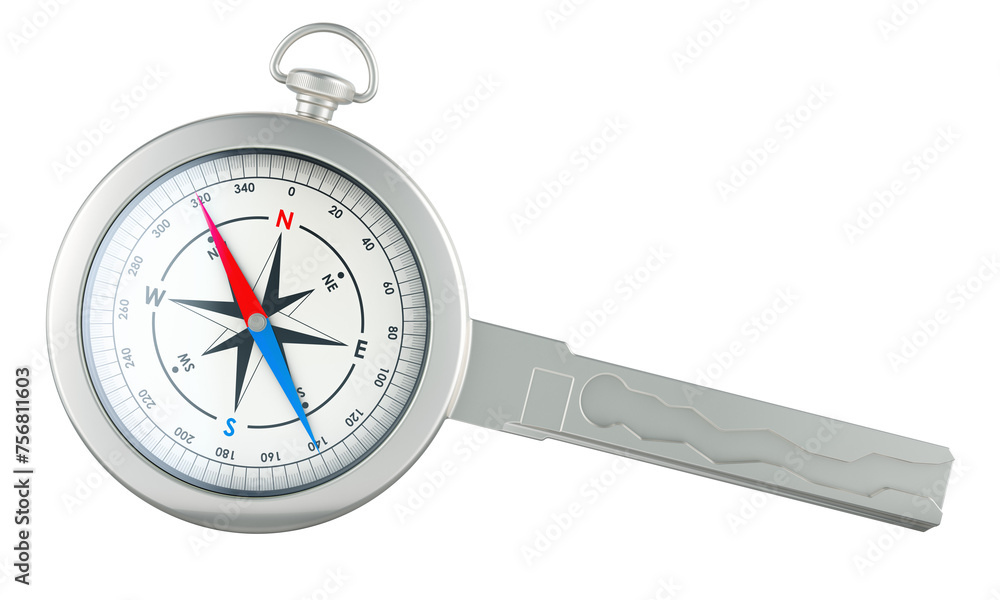 Poster compass with car key, 3d rendering isolated on transparent background