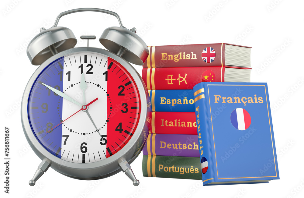 Poster french course, lessons concept. books with alarm clock. time to learn french language, 3d rendering 