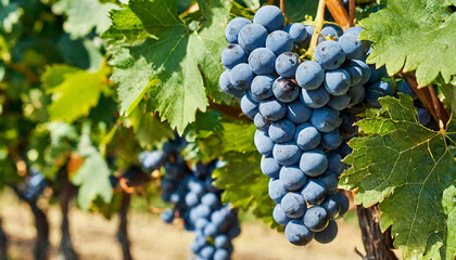 Ripe blue wine grape bunches with lush foliage growing on bushes at vineyard in summer