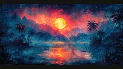 Painting of a jungle landscape. Watercolor pattern wallpaper