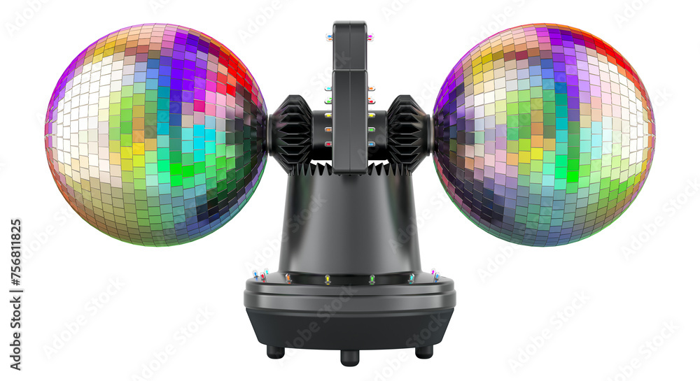 Poster rotating double ball mirror strobe. disco roto balls, 3d rendering isolated on transparent backgroun