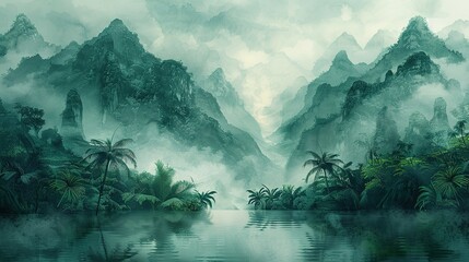 Painting of a jungle landscape. Watercolor pattern wallpaper - obrazy, fototapety, plakaty