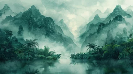 Fotobehang Painting of a jungle landscape. Watercolor pattern wallpaper © Jennifer