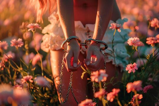 Close-up of a Woman Holding Sandals in Hand Among Blooming Pink Flowers During Golden Hour