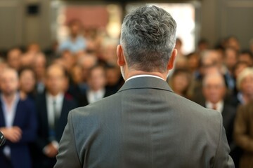 Back view of motivational speaker standing on stage in front of audience for motivation speech on conference or business event.