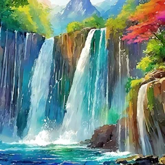 Fotobehang 大自然山奥の滝と紅葉油絵風 © 月とサカナ SNAO