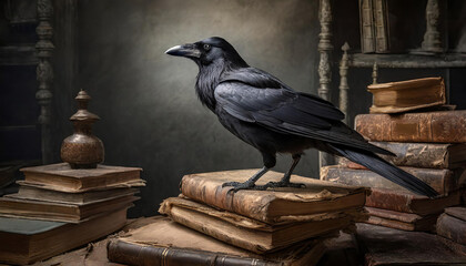 Fototapeta premium a raven standing on a stack of very old books