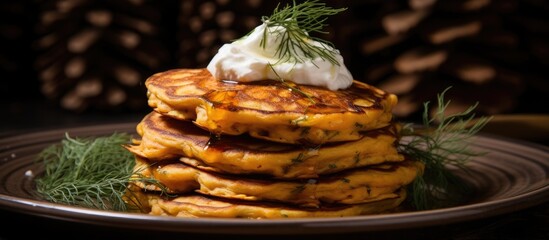 A delicious dish of stacked pancakes topped with whipped cream served on a plate, perfect for a breakfast event. Made with ingredients like flour, eggs, milk, and sugar