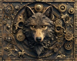 A charming wolf design featuring intricate brass gears